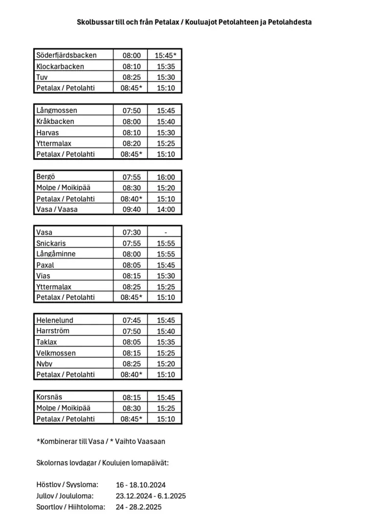 Strandlinjetrafik tidtabeller 3.6.24-1.6.25 Skolbussar
